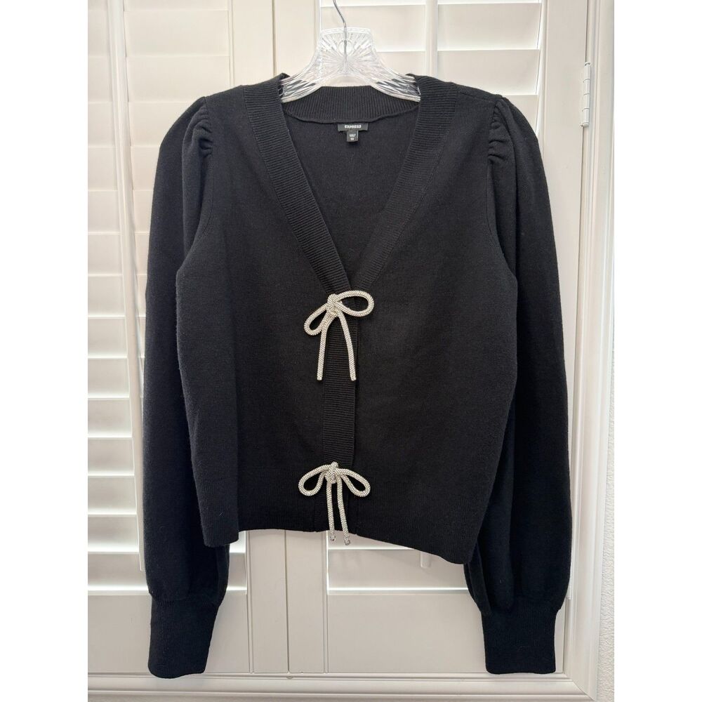 Black Y2K Ribbed Knit Top with Oversized Rhinestone Bow Detail Size XS Express